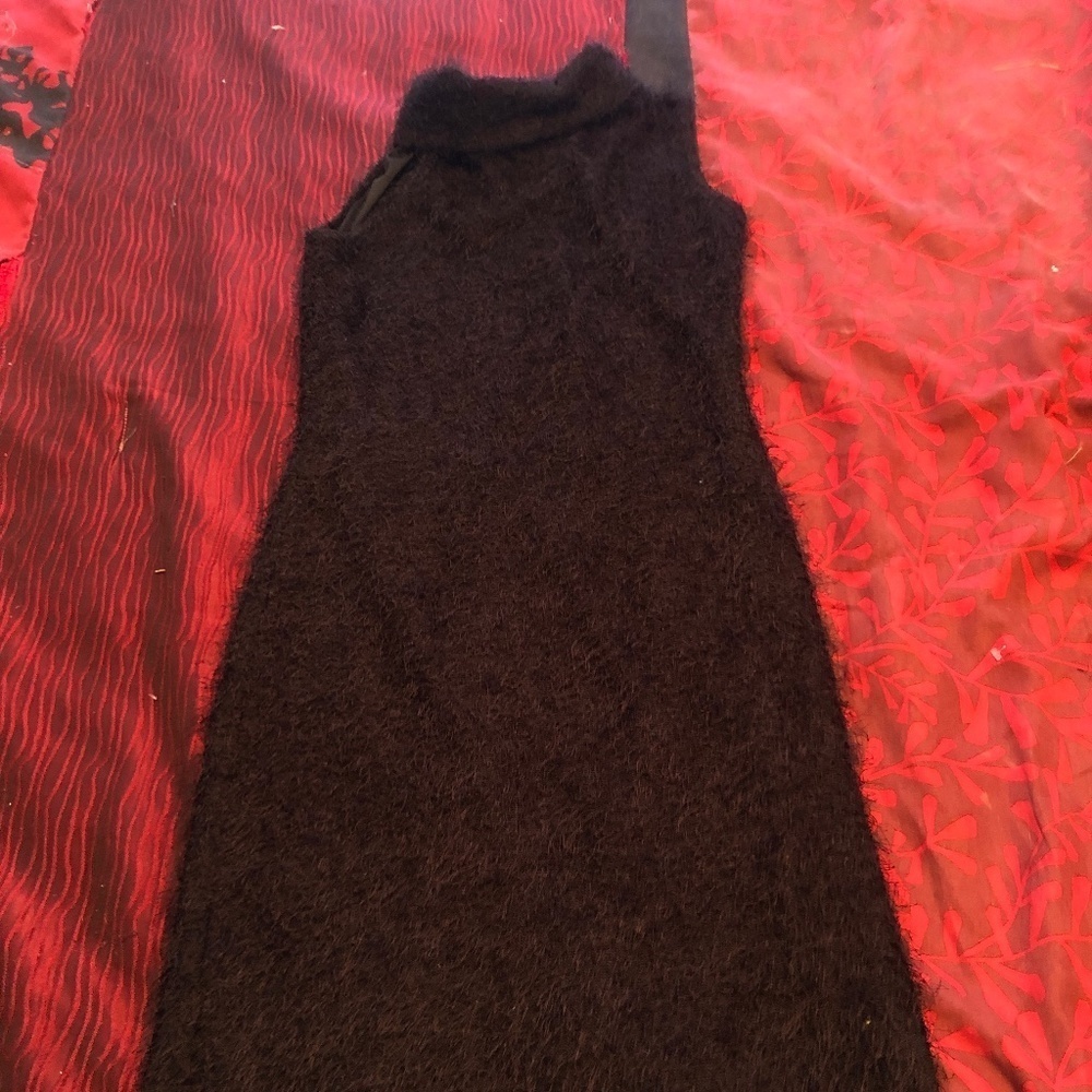 BYOB med black mohair like dress, slip underneath, sleeveless, clingy turtleknec